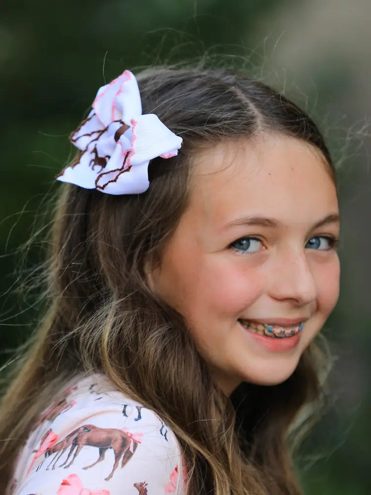 Western Horse Embroidery Ruffle Edge Girls Hairpin 4 Inch - ACG60274 - Bows