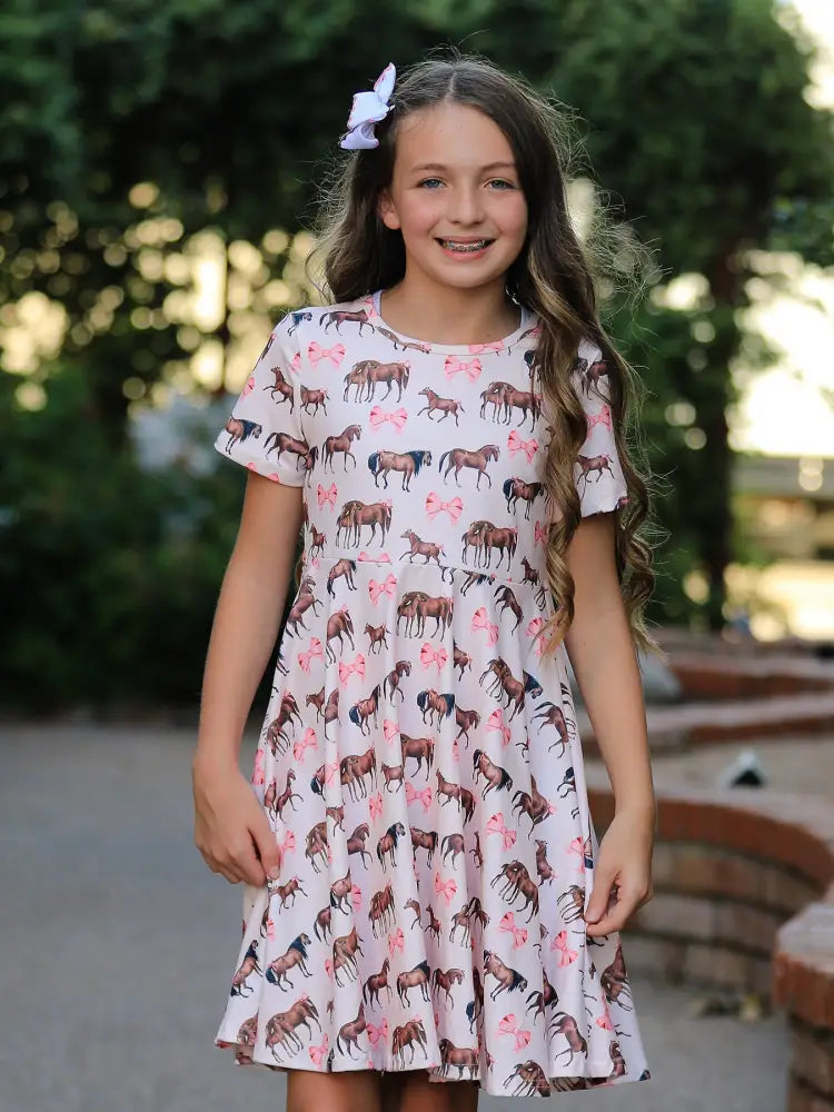 Girls Western Horse Print Twirl Dress Short Sleeve - Dress