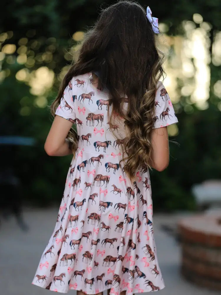 Girls Western Horse Print Twirl Dress Short Sleeve - Dress