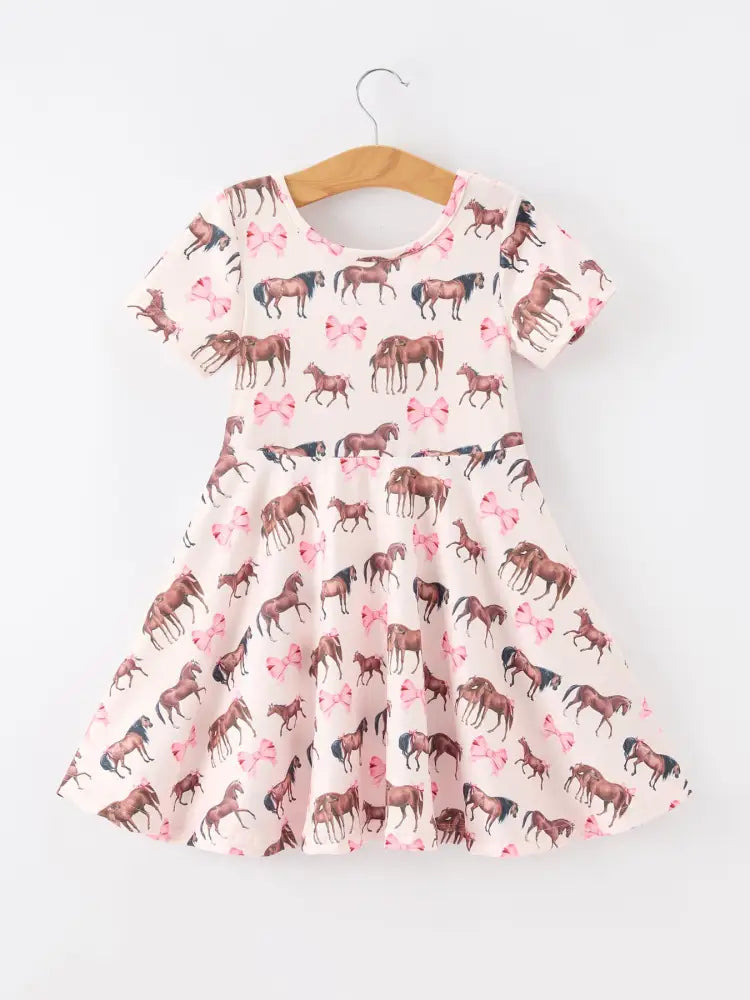 Girls Western Horse Print Twirl Dress Short Sleeve - Dress