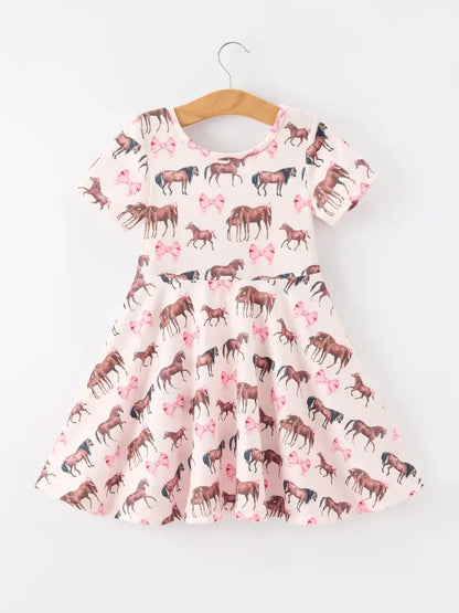 Girls Western Horse Print Twirl Dress Short Sleeve - Dress