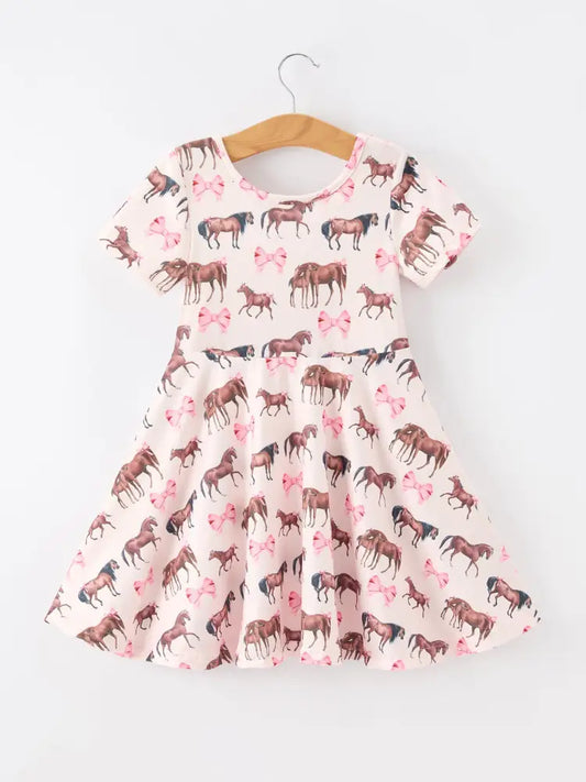 Girls Western Horse Print Twirl Dress Short Sleeve - Dress