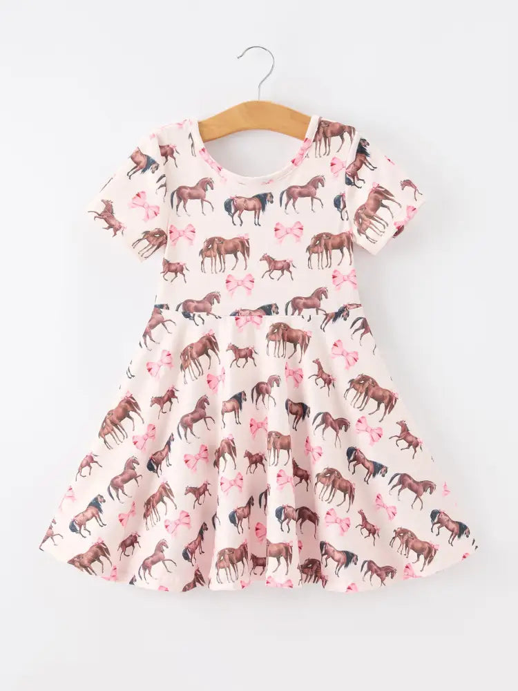 Girls Western Horse Print Twirl Dress Short Sleeve - Dress
