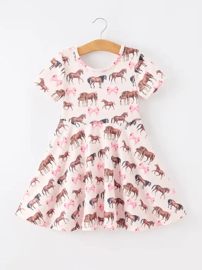 Girls Western Horse Print Twirl Dress Short Sleeve - Dress