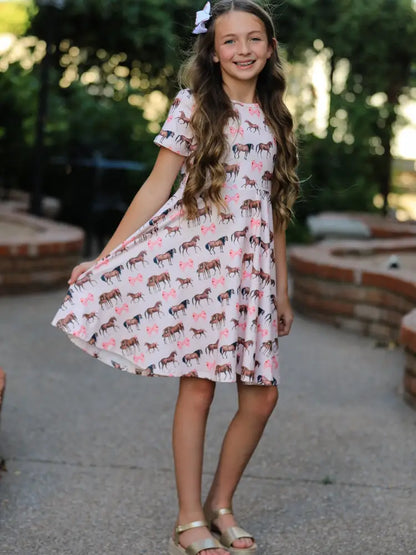 Girls Western Horse Print Twirl Dress Short Sleeve - Dress