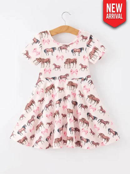 Girls Western Horse Print Twirl Dress Short Sleeve - Dress