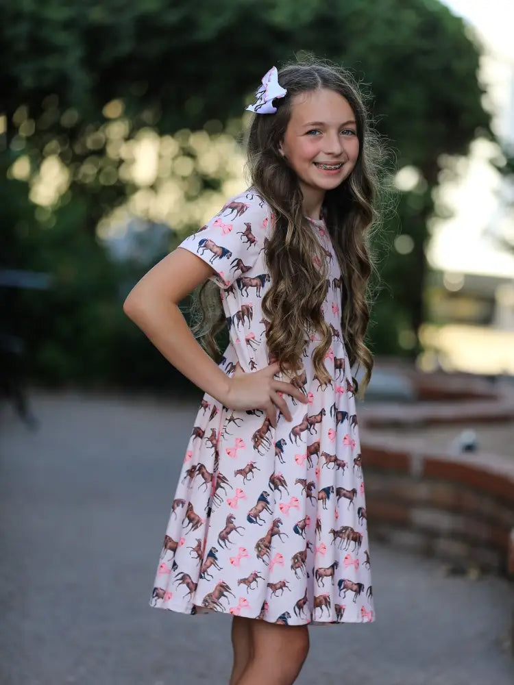 Girls Western Horse Print Twirl Dress Short Sleeve - Dress