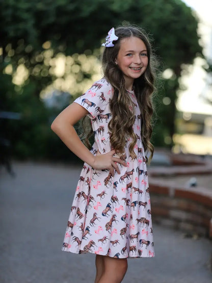 Girls Western Horse Print Twirl Dress Short Sleeve - Dress