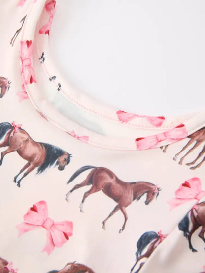 Girls Western Horse Print Twirl Dress Short Sleeve - Dress