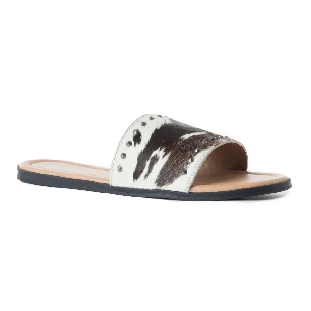 Myra Wild Dust Hairon Leather Slide Sandals â€“ Studded Flats for Women Slip-On Comfort with Western Charm - SHOES