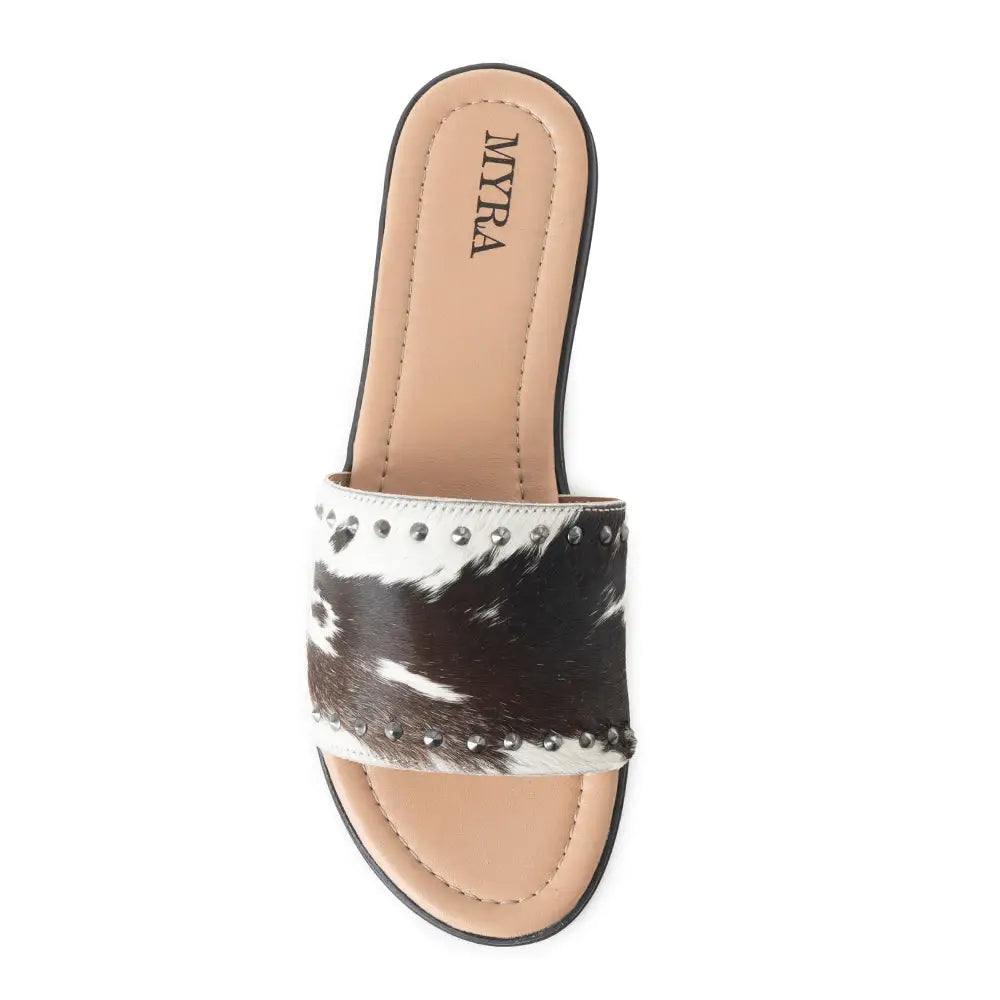 Myra Wild Dust Hairon Leather Slide Sandals â€“ Studded Flats for Women Slip-On Comfort with Western Charm - SHOES