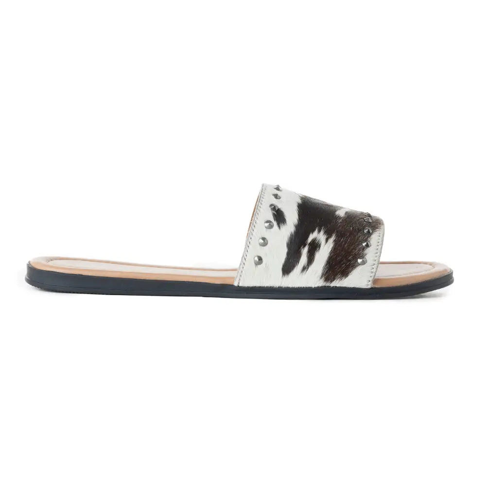Myra Wild Dust Hairon Leather Slide Sandals â€“ Studded Flats for Women Slip-On Comfort with Western Charm - SHOES