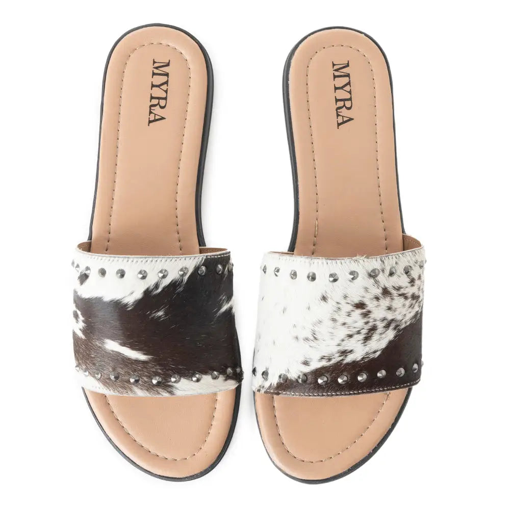Myra Wild Dust Hairon Leather Slide Sandals â€“ Studded Flats for Women Slip-On Comfort with Western Charm - SHOES