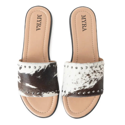 Myra Wild Dust Hairon Leather Slide Sandals â€“ Studded Flats for Women Slip-On Comfort with Western Charm - SHOES