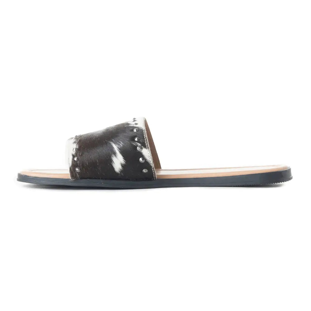 Myra Wild Dust Hairon Leather Slide Sandals â€“ Studded Flats for Women Slip-On Comfort with Western Charm - SHOES
