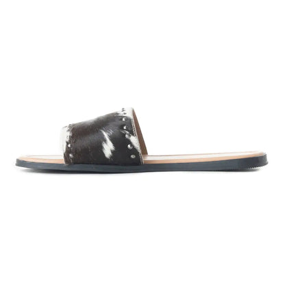 Myra Wild Dust Hairon Leather Slide Sandals â€“ Studded Flats for Women Slip-On Comfort with Western Charm - SHOES
