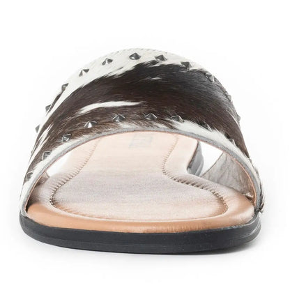 Myra Wild Dust Hairon Leather Slide Sandals â€“ Studded Flats for Women Slip-On Comfort with Western Charm - SHOES