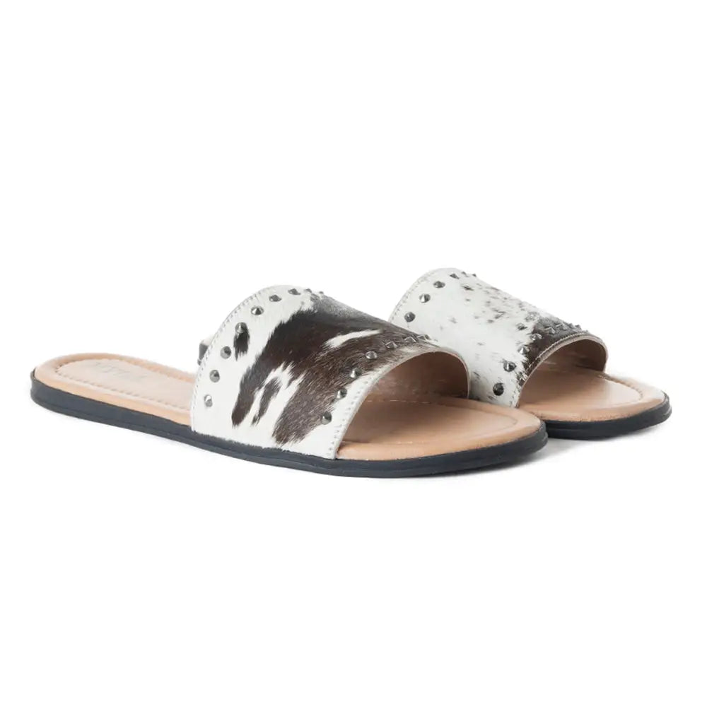 Myra Wild Dust Hairon Leather Slide Sandals â€“ Studded Flats for Women Slip-On Comfort with Western Charm - SHOES