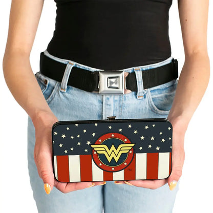 Hinged Wallet - WONDER WOMAN Logo Americana Red White Blue Yellow Hinged Wallets
