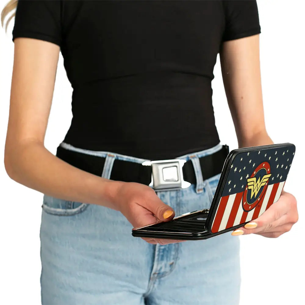 Hinged Wallet - WONDER WOMAN Logo Americana Red White Blue Yellow Hinged Wallets