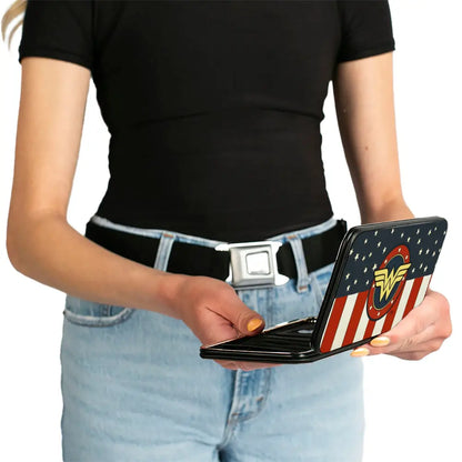 Hinged Wallet - WONDER WOMAN Logo Americana Red White Blue Yellow Hinged Wallets