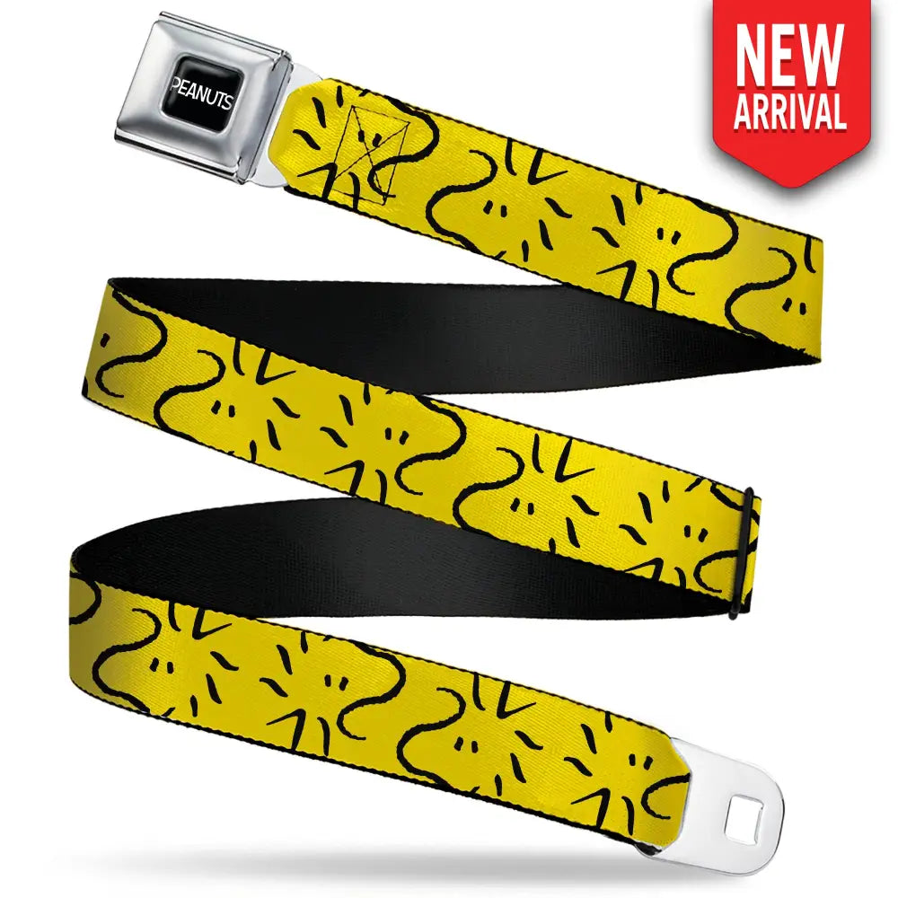 PEANUTS Title Logo Full Color Black/White Seatbelt Belt - Peanuts Woodstock Line Face Line Art Yellow/Black Webbing