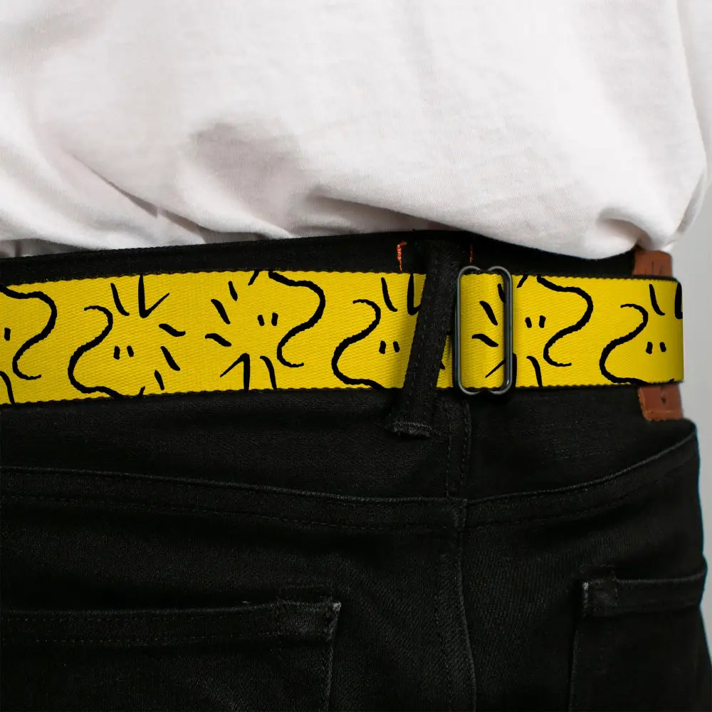 PEANUTS Title Logo Full Color Black/White Seatbelt Belt - Peanuts Woodstock Line Face Line Art Yellow/Black Webbing