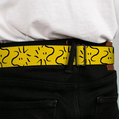 PEANUTS Title Logo Full Color Black/White Seatbelt Belt - Peanuts Woodstock Line Face Line Art Yellow/Black Webbing