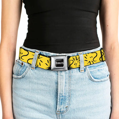 PEANUTS Title Logo Full Color Black/White Seatbelt Belt - Peanuts Woodstock Line Face Line Art Yellow/Black Webbing