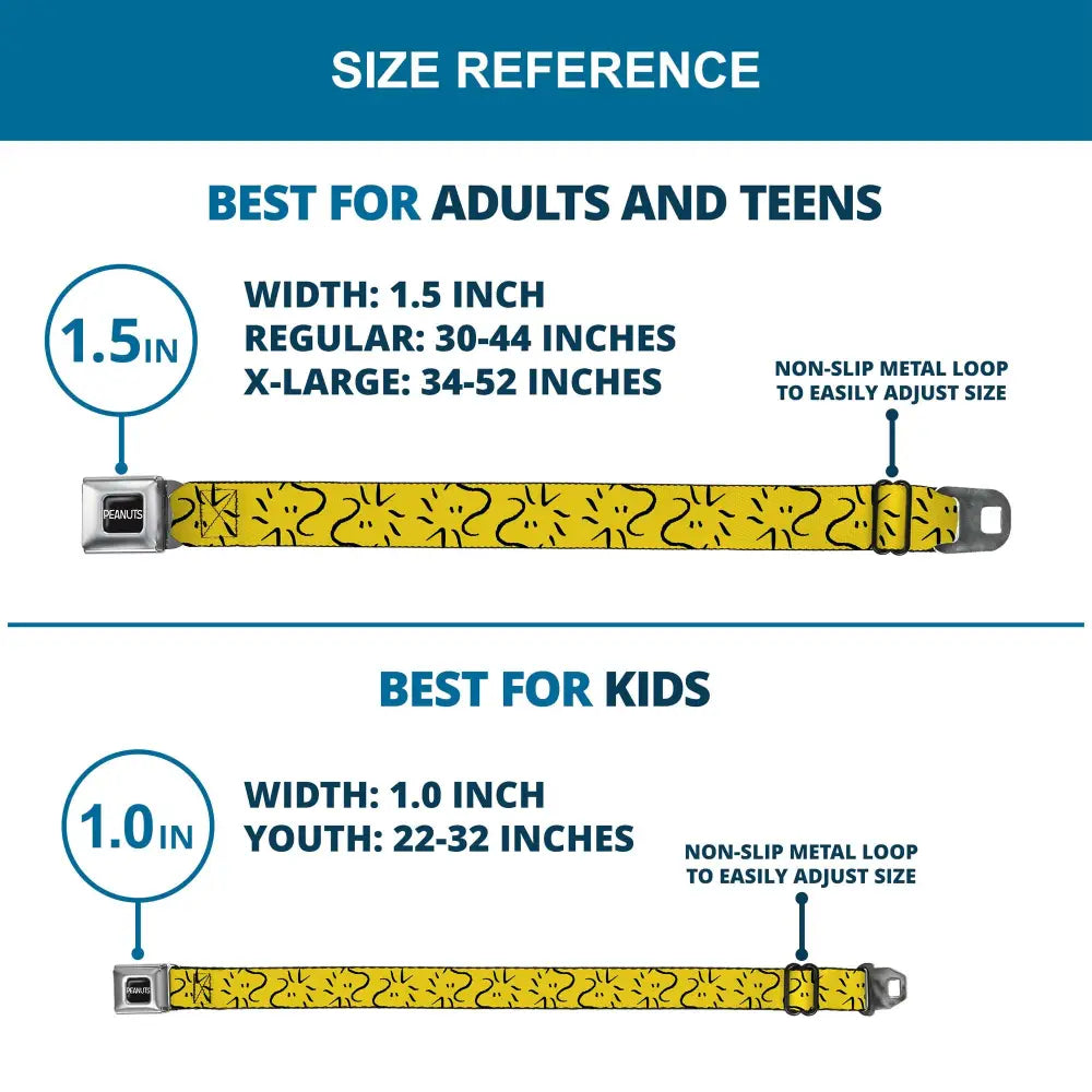 PEANUTS Title Logo Full Color Black/White Seatbelt Belt - Peanuts Woodstock Line Face Line Art Yellow/Black Webbing