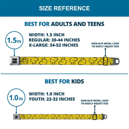 PEANUTS Title Logo Full Color Black/White Seatbelt Belt - Peanuts Woodstock Line Face Line Art Yellow/Black Webbing
