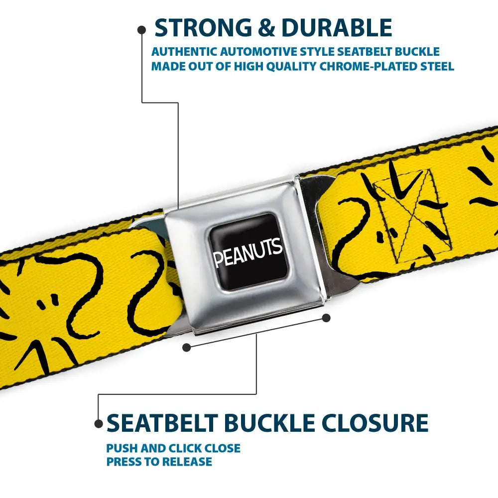 PEANUTS Title Logo Full Color Black/White Seatbelt Belt - Peanuts Woodstock Line Face Line Art Yellow/Black Webbing