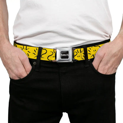 PEANUTS Title Logo Full Color Black/White Seatbelt Belt - Peanuts Woodstock Line Face Line Art Yellow/Black Webbing