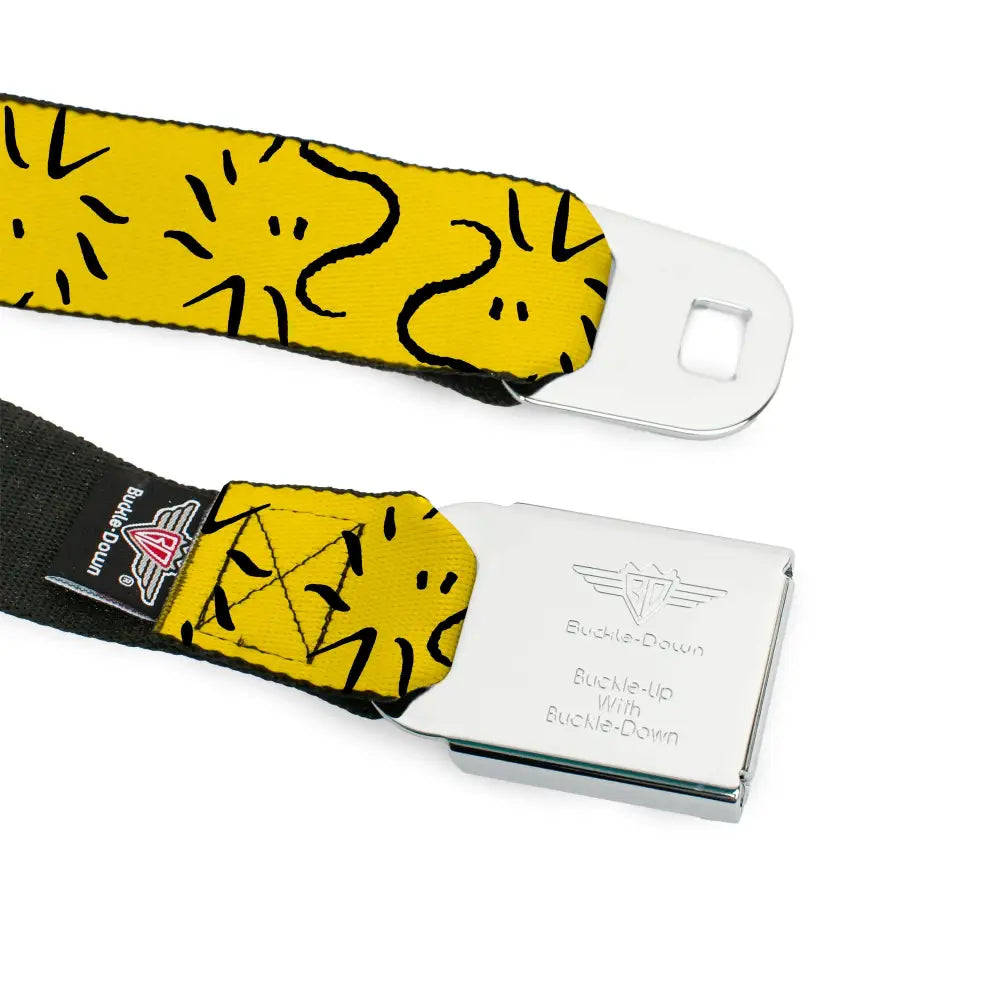 PEANUTS Title Logo Full Color Black/White Seatbelt Belt - Peanuts Woodstock Line Face Line Art Yellow/Black Webbing