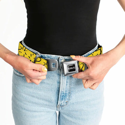 PEANUTS Title Logo Full Color Black/White Seatbelt Belt - Peanuts Woodstock Line Face Line Art Yellow/Black Webbing