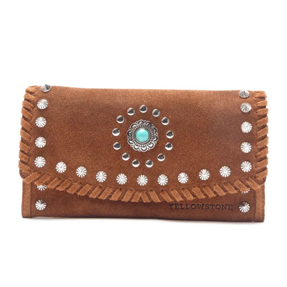 Myra Yellowstone Briar Meadow Studded Suede Leather Women’s Purse in Desert Tan - Desert Tan - WALLETS