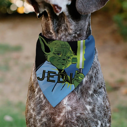 Pet Bandana - Star Wars JEDI Text and Yoda Lightsaber Pop Art Pose Black/Blues Pet Bandanas