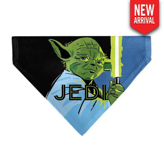 Pet Bandana - Star Wars JEDI Text and Yoda Lightsaber Pop Art Pose Black/Blues Pet Bandanas
