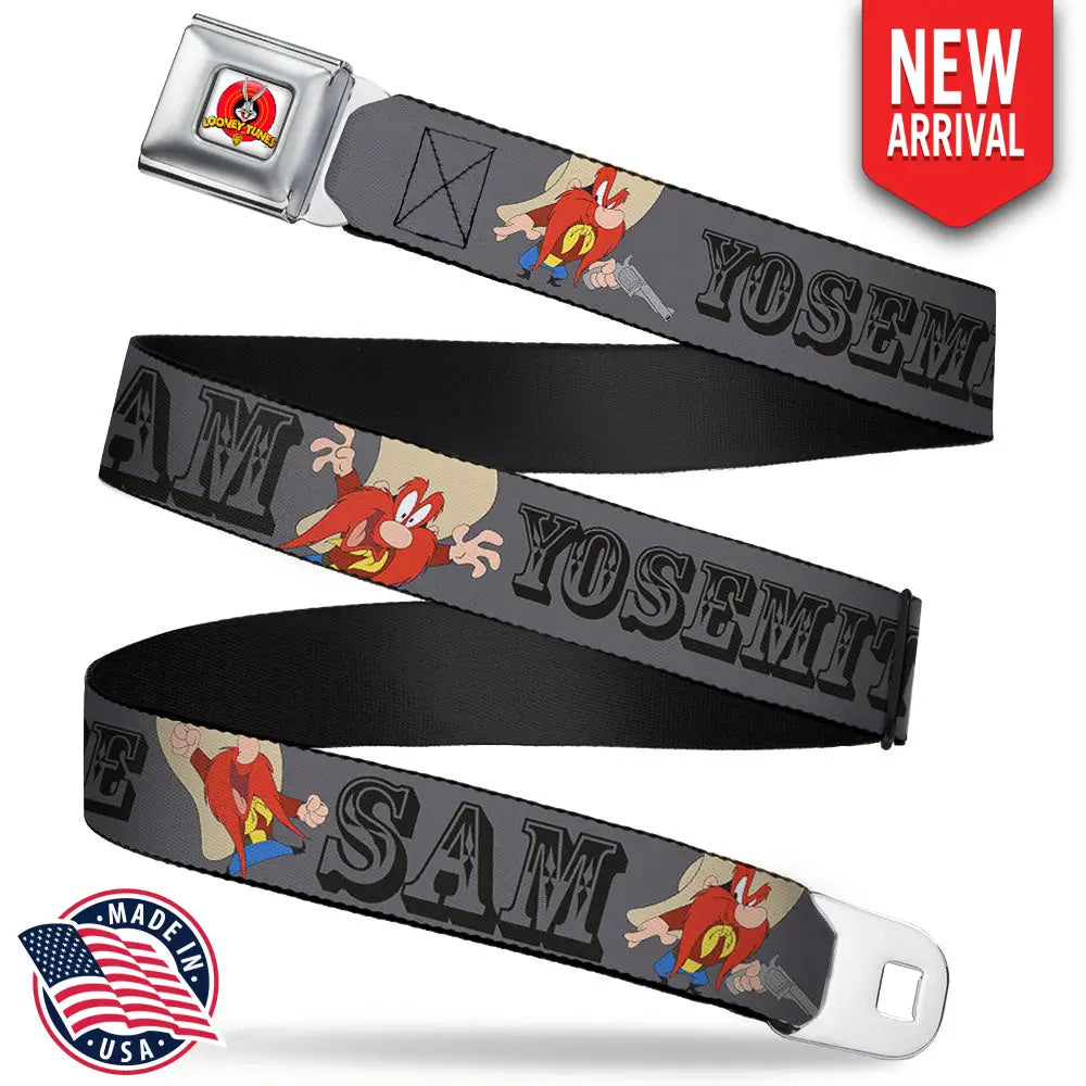 Looney Tunes Logo Full Color White Seatbelt Belt - YOSEMITE SAM w/Poses Gray Webbing Seatbelt Belts