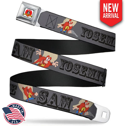 Looney Tunes Logo Full Color White Seatbelt Belt - YOSEMITE SAM w/Poses Gray Webbing Seatbelt Belts