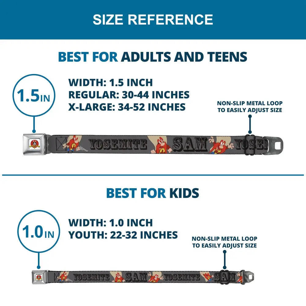 Looney Tunes Logo Full Color White Seatbelt Belt - YOSEMITE SAM w/Poses Gray Webbing Seatbelt Belts