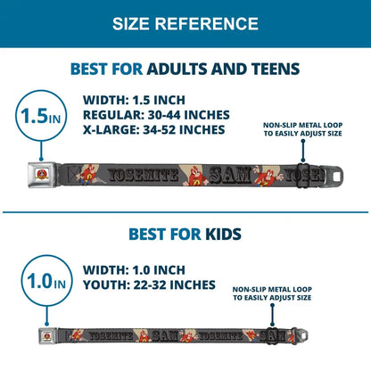 Looney Tunes Logo Full Color White Seatbelt Belt - YOSEMITE SAM w/Poses Gray Webbing Seatbelt Belts