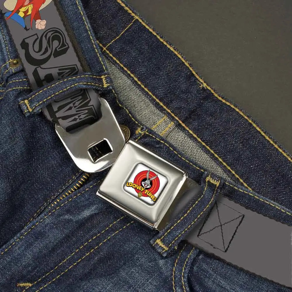 Looney Tunes Logo Full Color White Seatbelt Belt - YOSEMITE SAM w/Poses Gray Webbing Seatbelt Belts