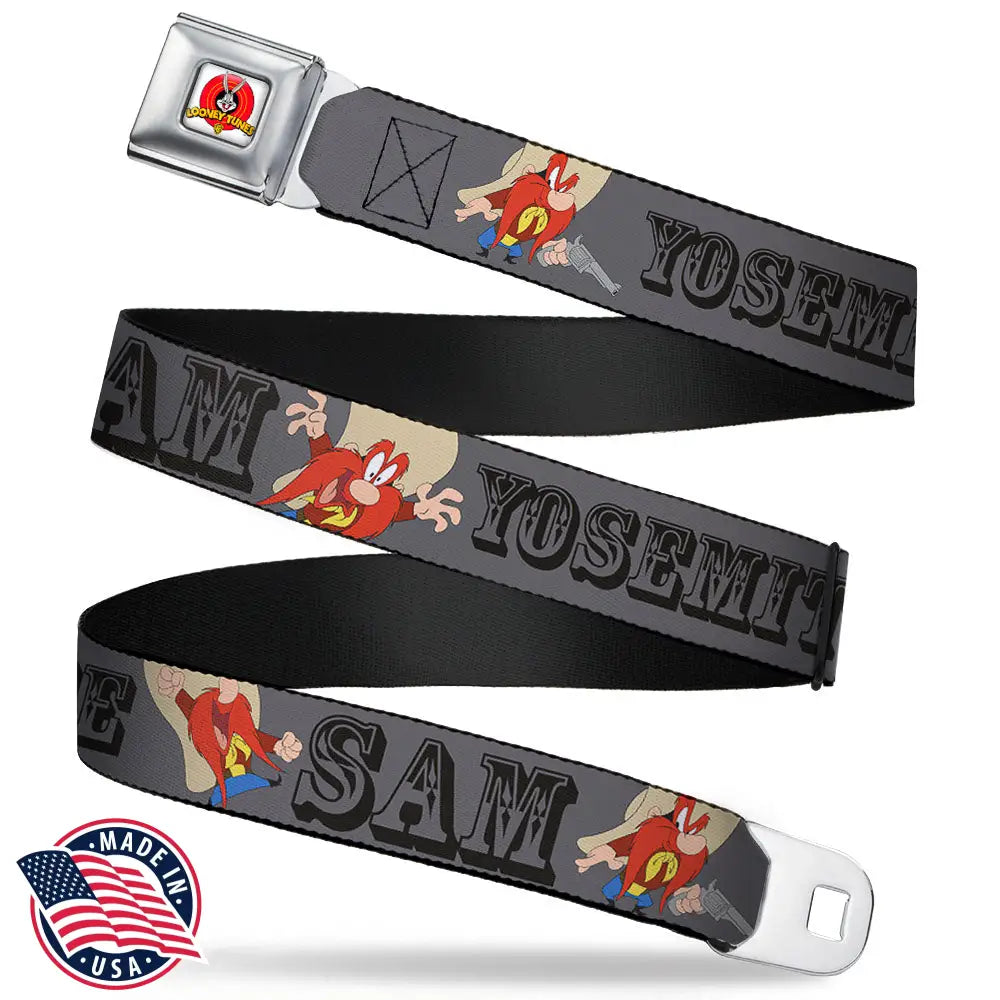 Looney Tunes Logo Full Color White Seatbelt Belt - YOSEMITE SAM w/Poses Gray Webbing Seatbelt Belts
