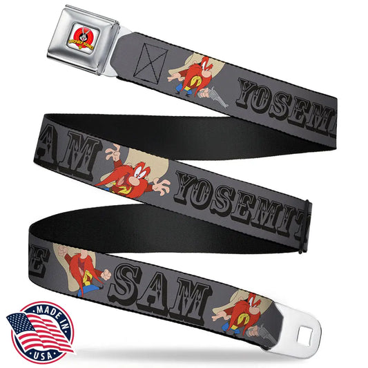 Looney Tunes Logo Full Color White Seatbelt Belt - YOSEMITE SAM w/Poses Gray Webbing Seatbelt Belts