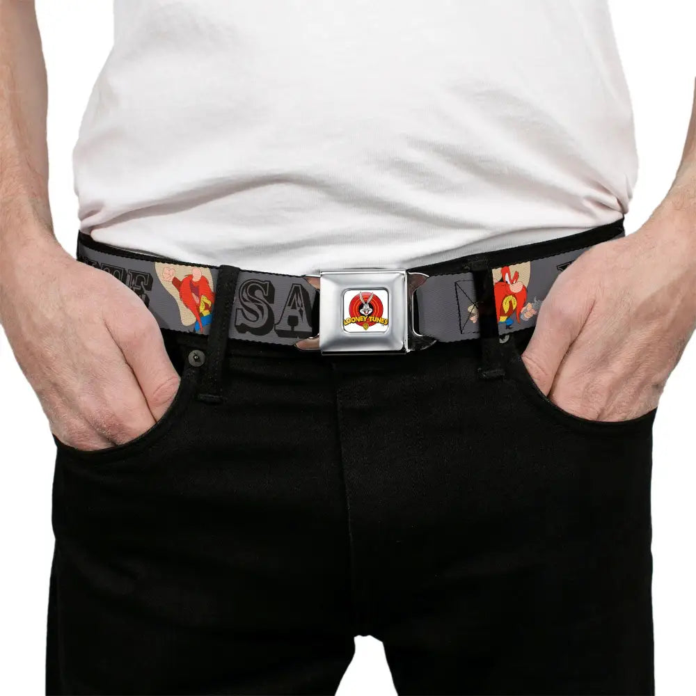 Looney Tunes Logo Full Color White Seatbelt Belt - YOSEMITE SAM w/Poses Gray Webbing Seatbelt Belts