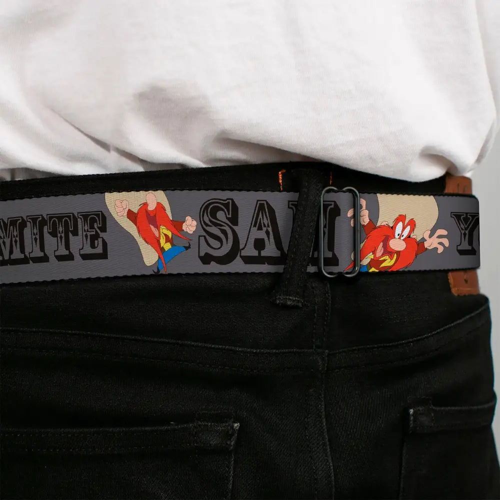 Looney Tunes Logo Full Color White Seatbelt Belt - YOSEMITE SAM w/Poses Gray Webbing Seatbelt Belts