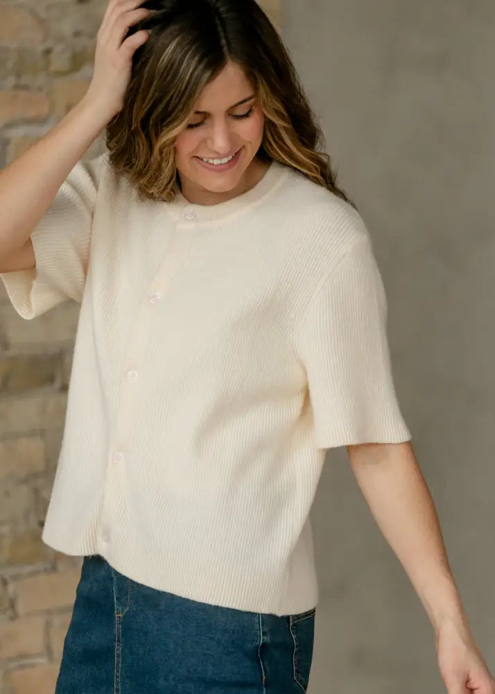 Zadie Ivory Short Sleeve Button Cardigan - IC Layering Essentials