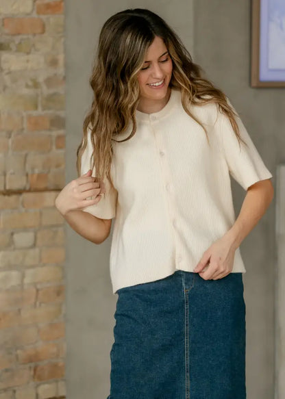 Zadie Ivory Short Sleeve Button Cardigan - IC Layering Essentials