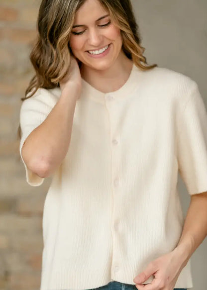 Zadie Ivory Short Sleeve Button Cardigan - IC Layering Essentials